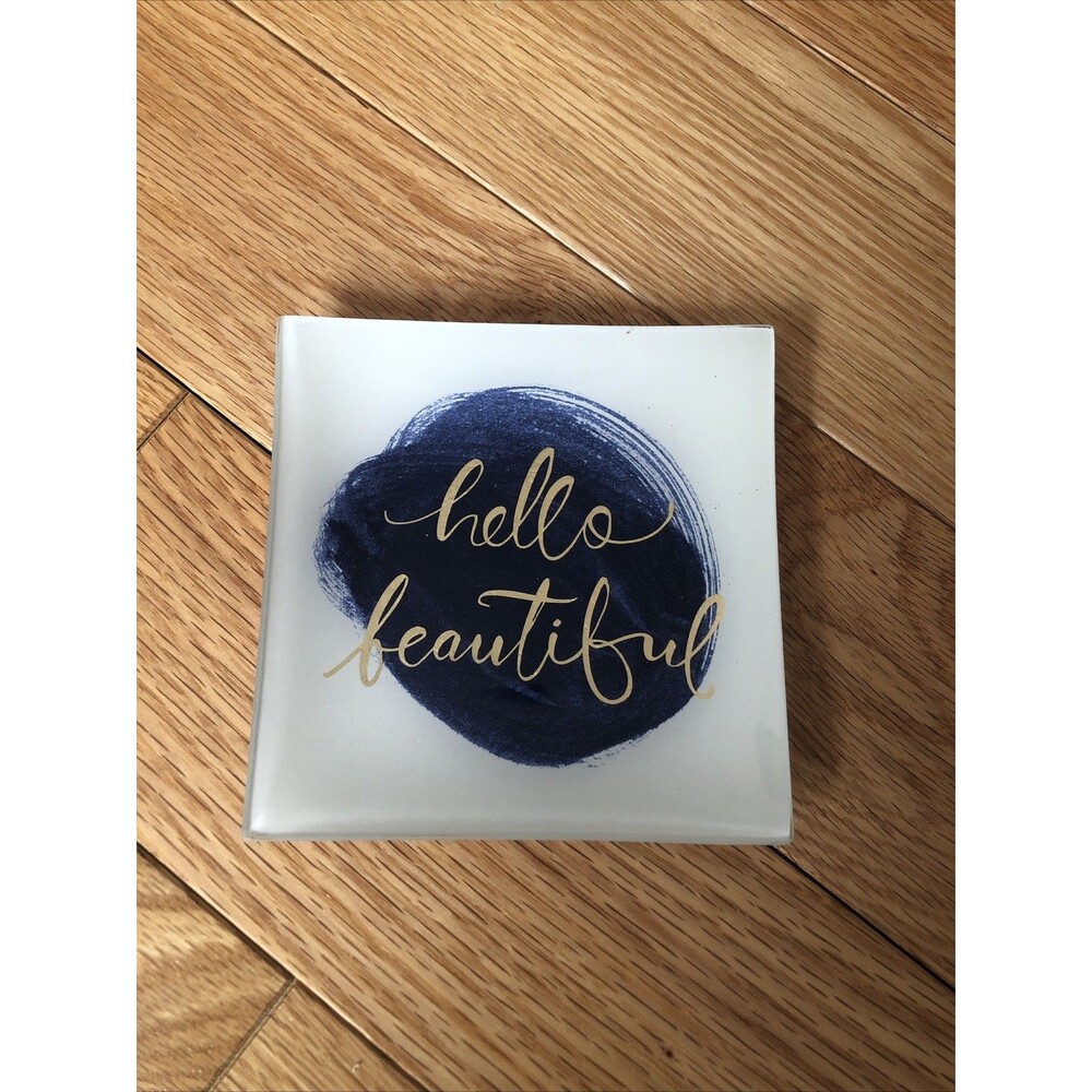 Fringe Studio Ivory, Navy And Gold “Hello Beautiful” Trinket Tray With Gold Back